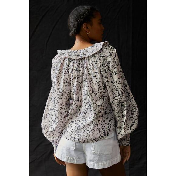 Anthropologie Peasant Ruffle Blouse Black Motif Cotton Boho Top Sz XS - Picture 10 of 10